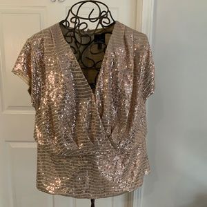 ADRIANNA PAPELL GOLD FOIL KNIT SHORT SLEEVE EVENING SEQUIN WRAP TOP PLUS SIZE 18